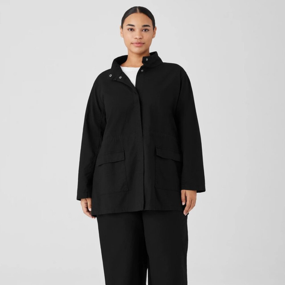 Eileen Fisher Cotton Hemp Stretch Stand Collar Jacket L Black